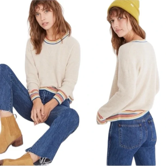 Madewell Rainbow Trim Tan Cashmere Waffle Sweatshirt Sweater - Picture 2 of 12